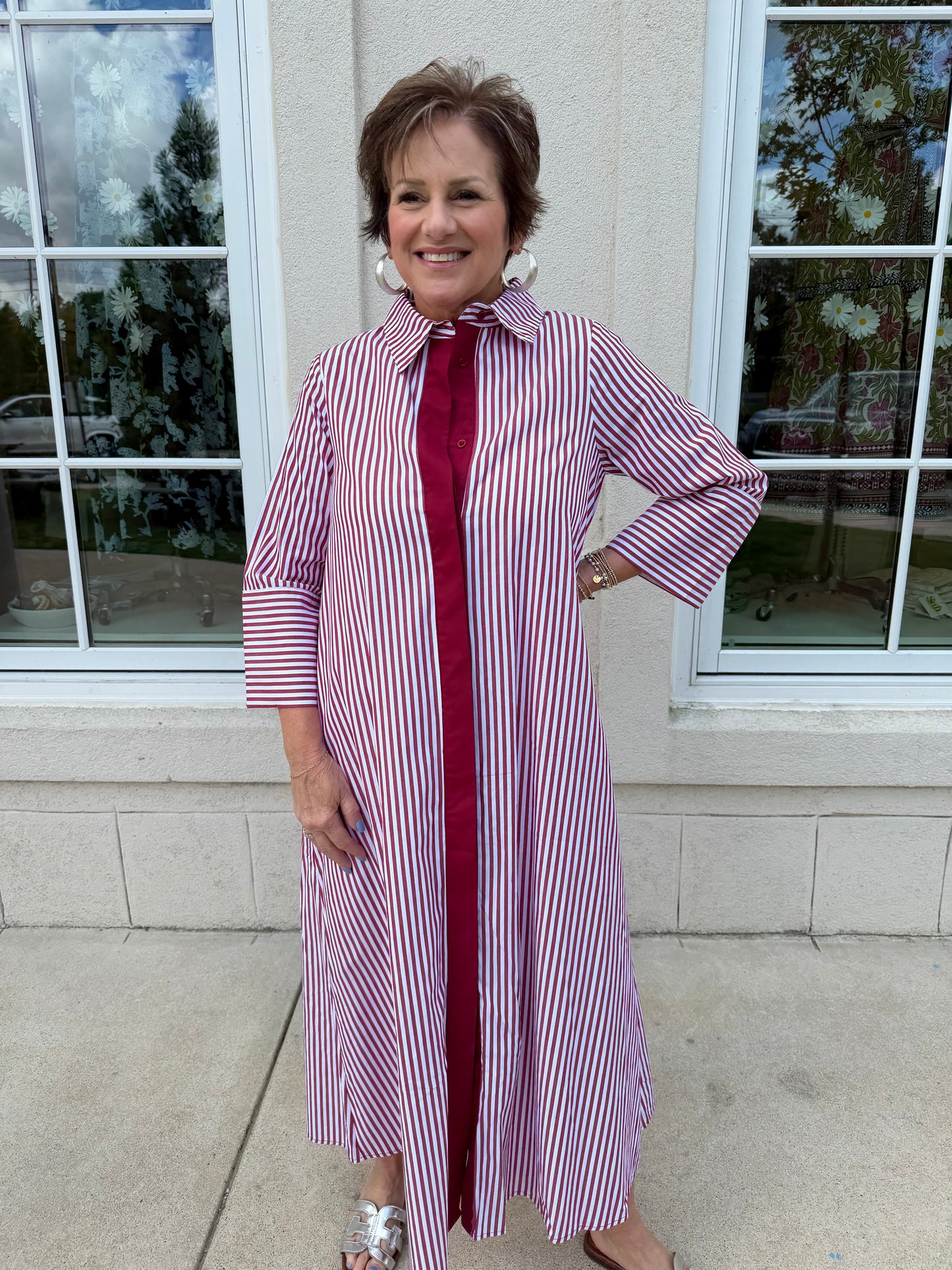 Crimson and White Collared Maxi Dress
