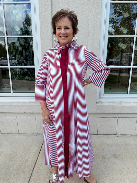 Crimson and White Collared Maxi Dress