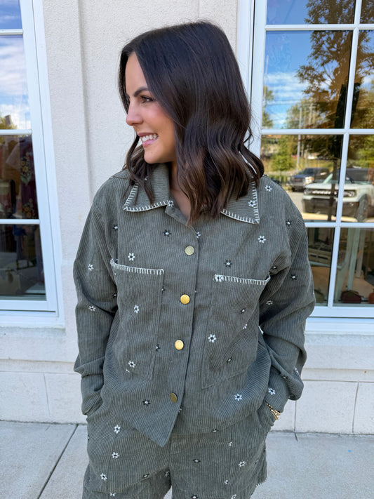 Olive Artisan Daisy Corduroy Jacket