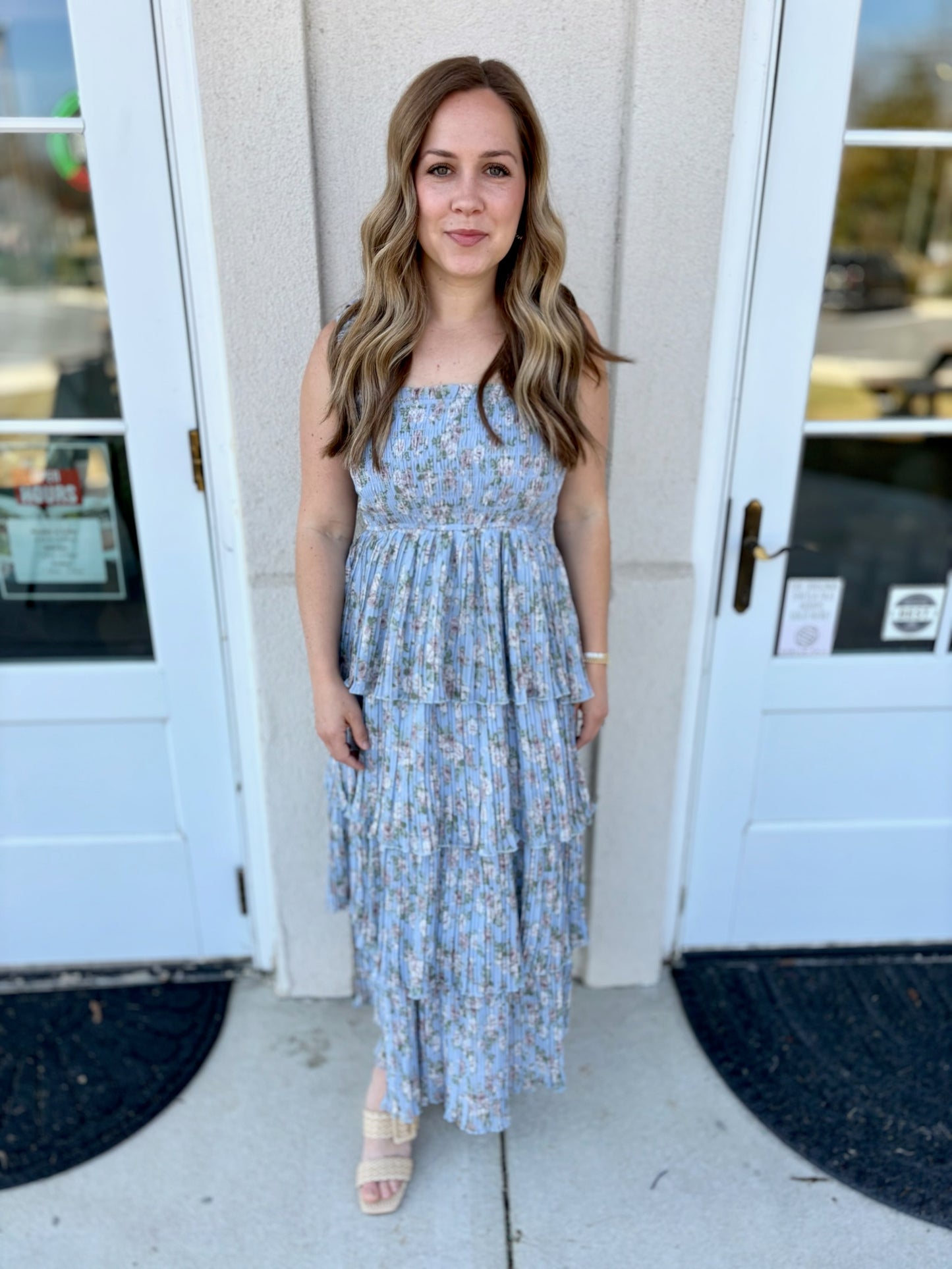 Blue and Cream Floral Tiered Dress