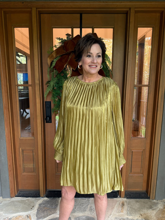 Olive Metallic Pleated Mini