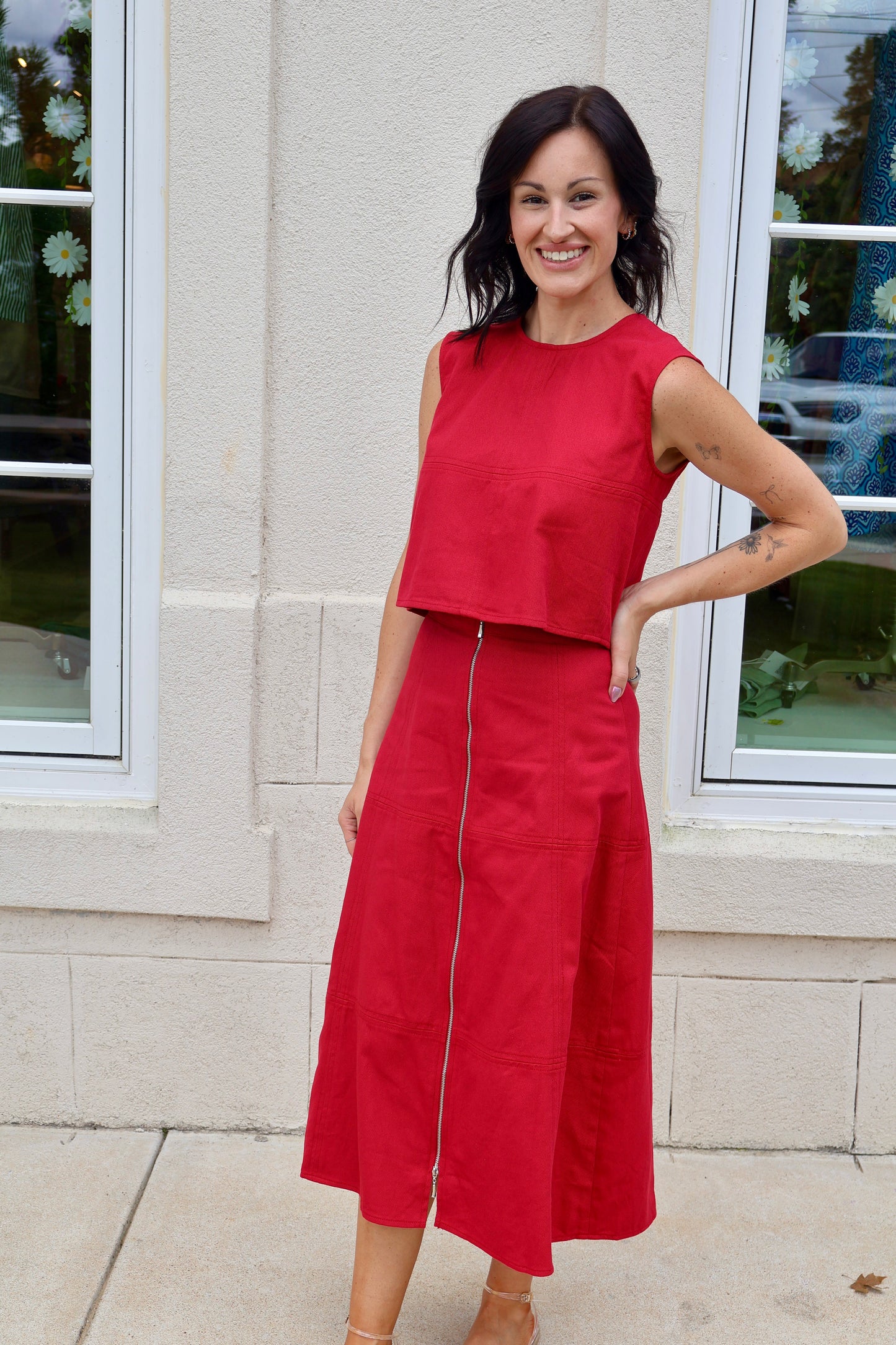 Crimson Denim Center Zip Midi Skirt