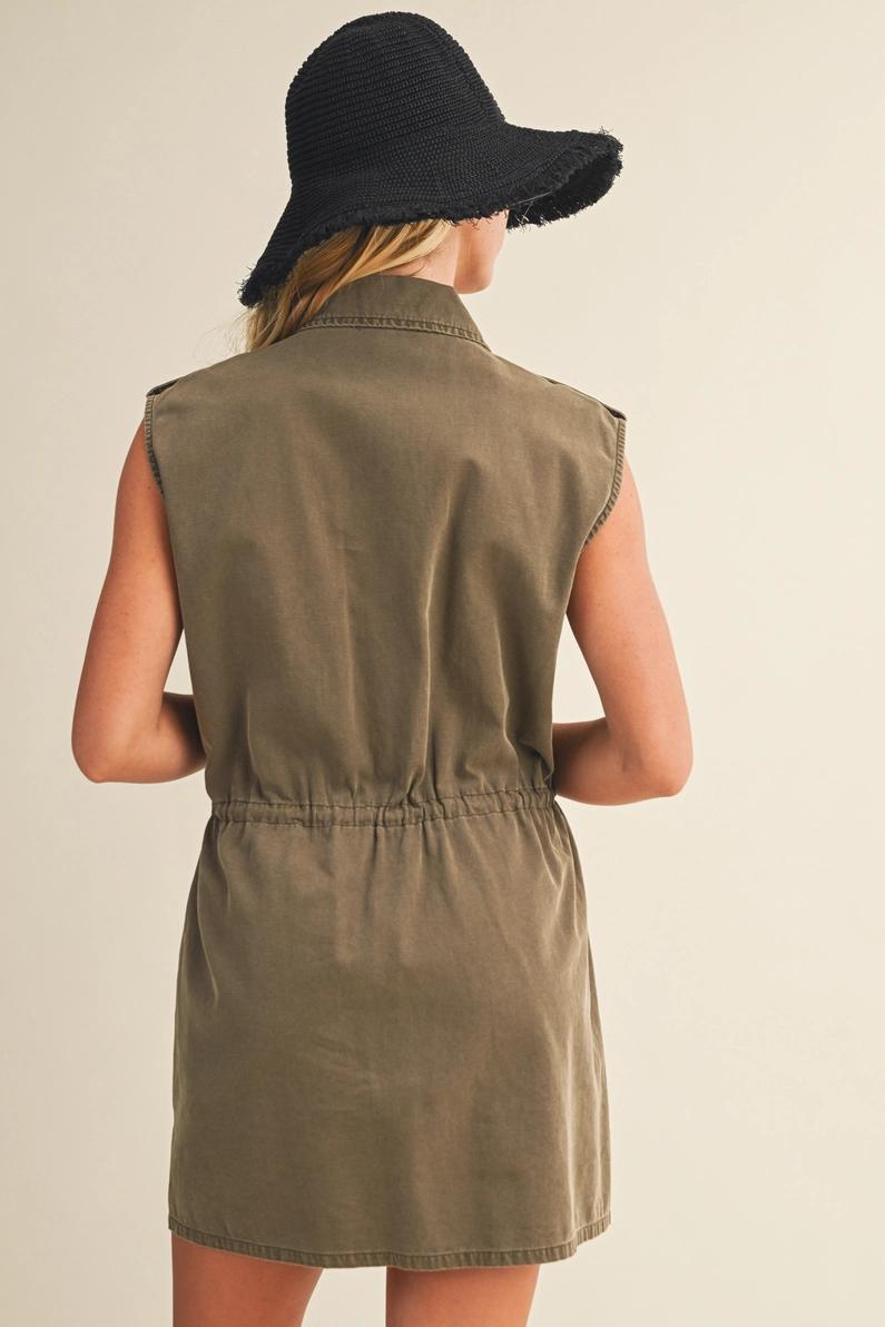 Olive Sleeveless Shirt Dress