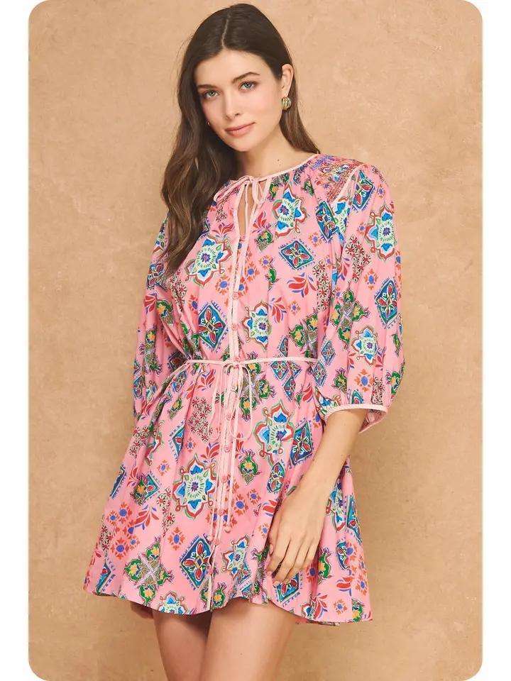 Pink Multi 3/4 Sleeve Printed Mini Dress