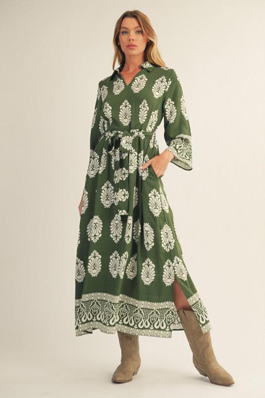 Olive Damask Border Print Midi