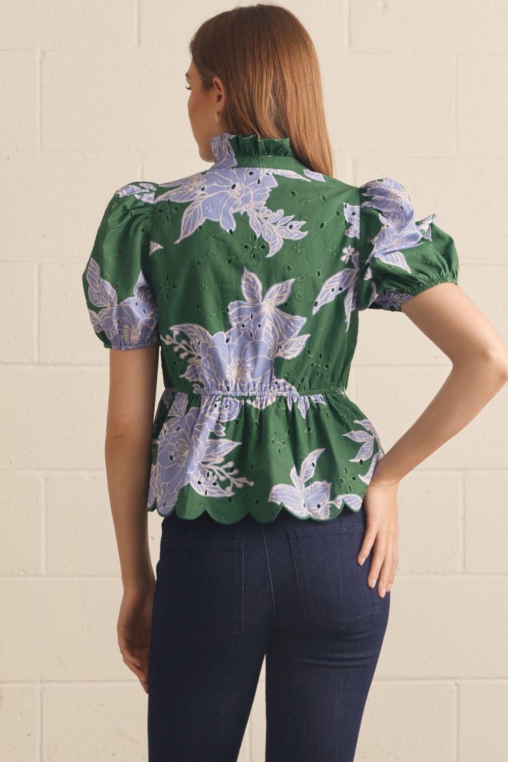 H Green and Lt Blue Floral Eyelet Top