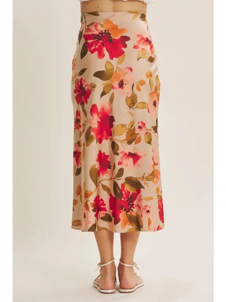 Taupe Multi Floral Midi Skirt