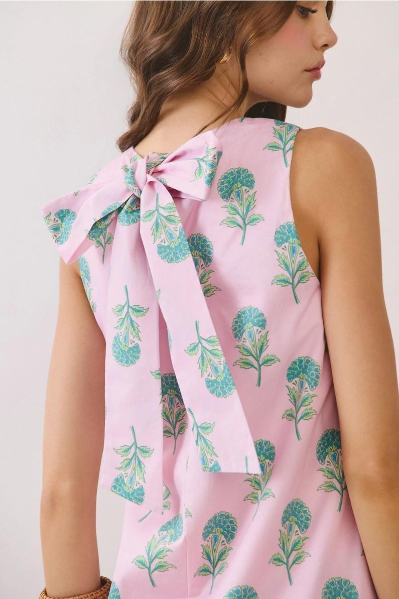Baby Pink Floral Printed Mini Dress with Bow
