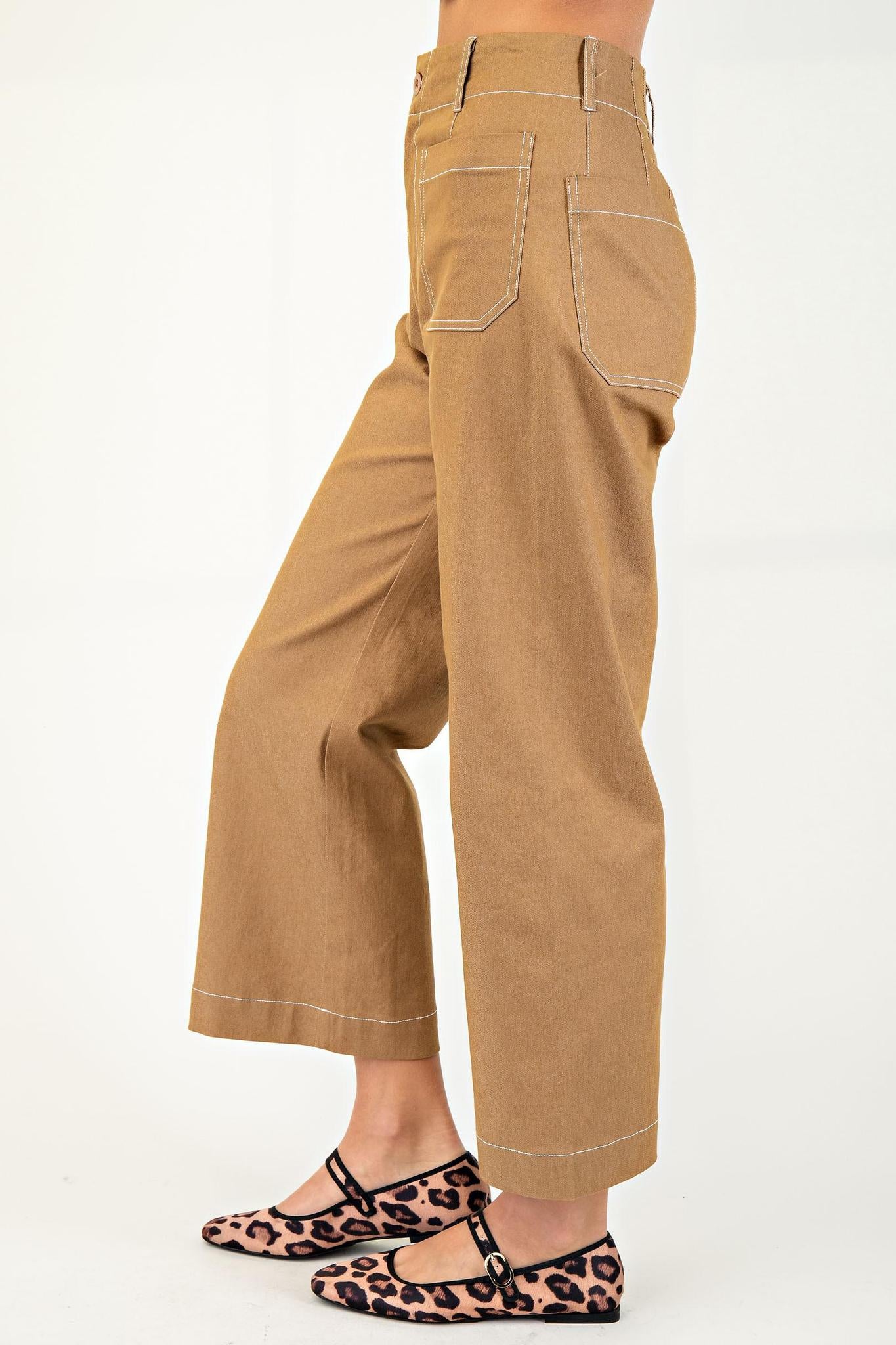 Khaki Cropped Wide Leg with Contrast Stitching