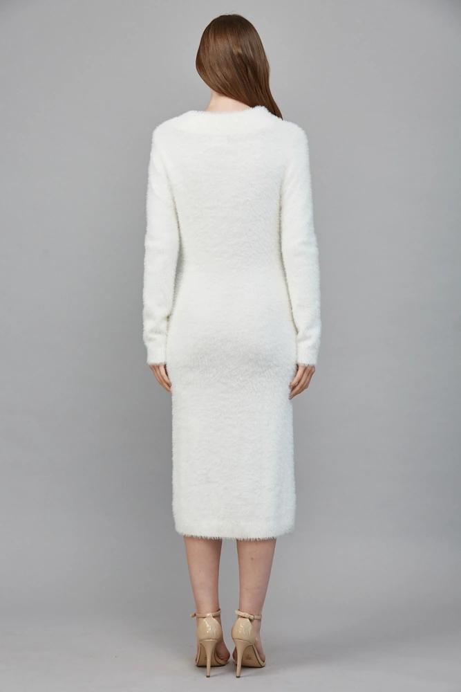 Fuzzy Knit Cream Midi Dress