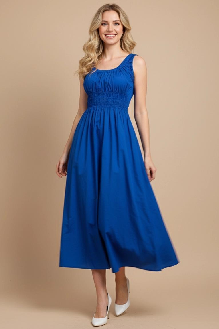 Royal Blue Poplin A-Line Midi Dress