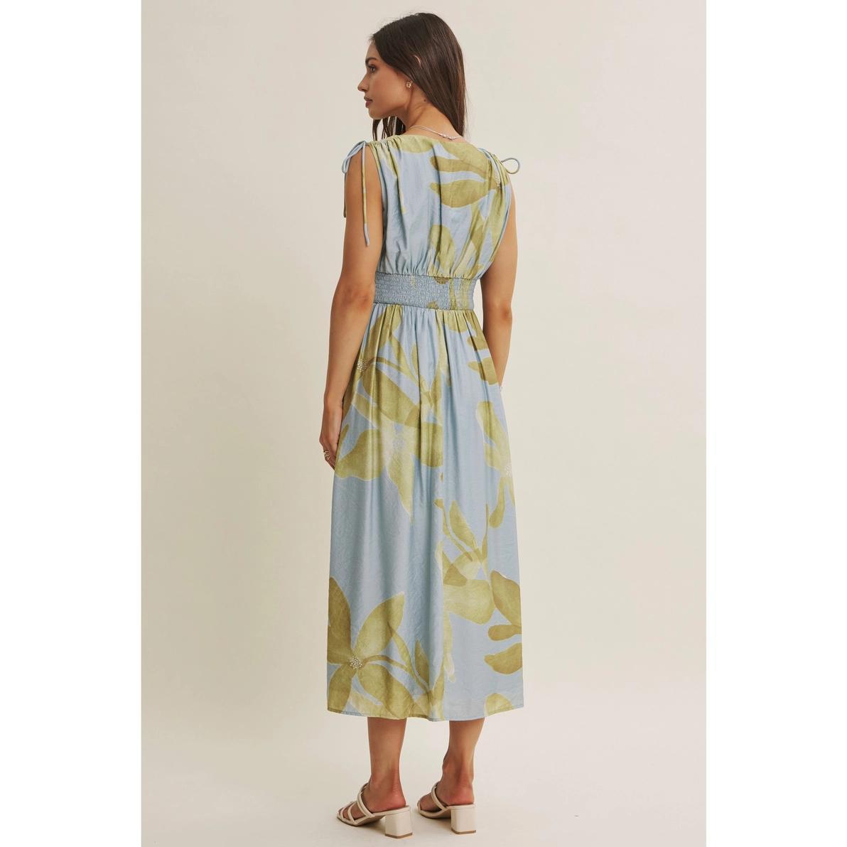 Powder Blue and Light Olive Tropical Floral Midi