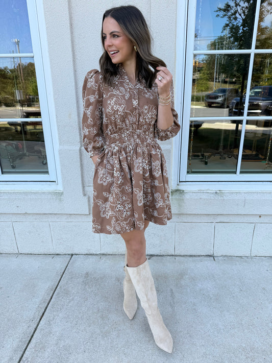 Brown Floral Print Collared Mini