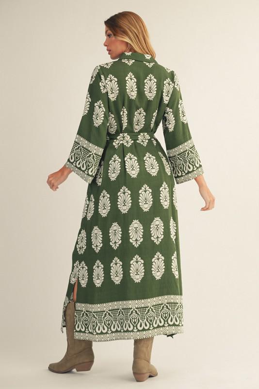 Olive Damask Border Print Midi