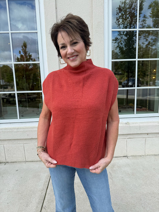 Deep Orange Sleeveless Mock Neck Top