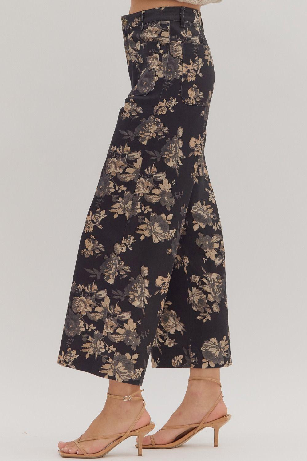 Black and Floral Ankle-Length Pants