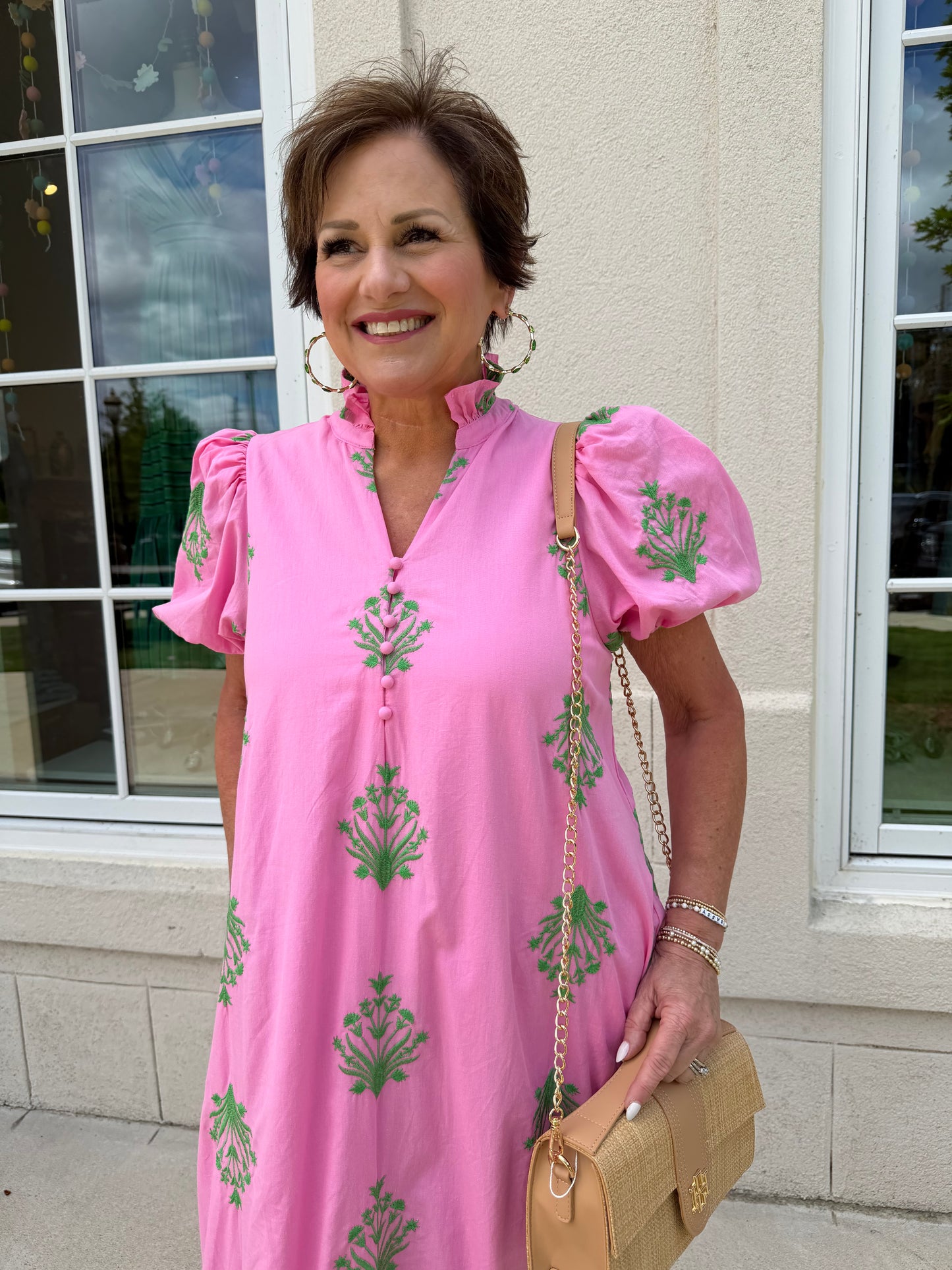 Pink Botanical Embroidered Midi Dress