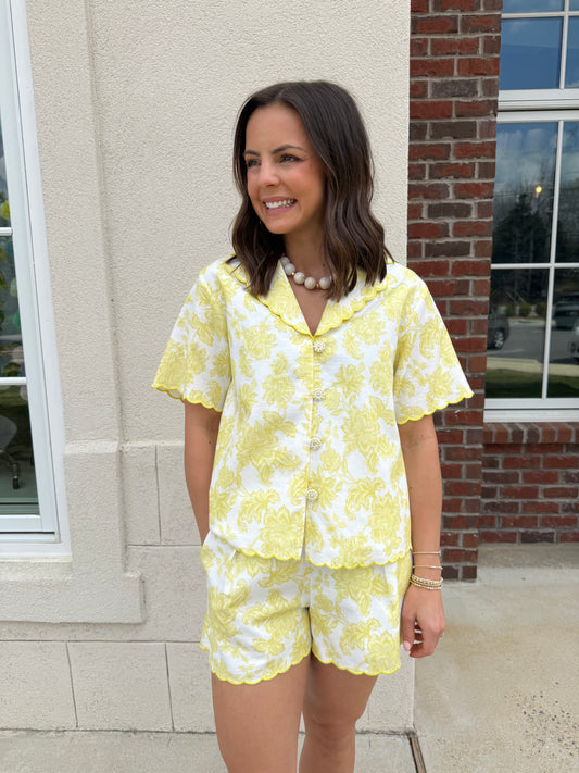 Butter and White Embroidered Scalloped Top