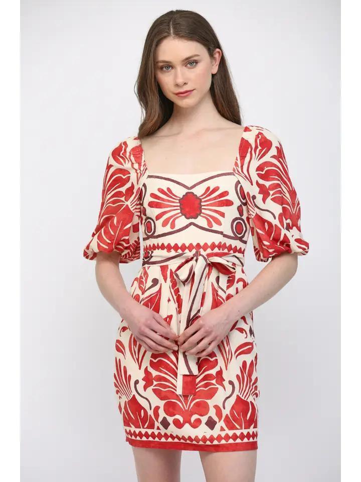 Ivory and Red Tropical and Geo Print Dress