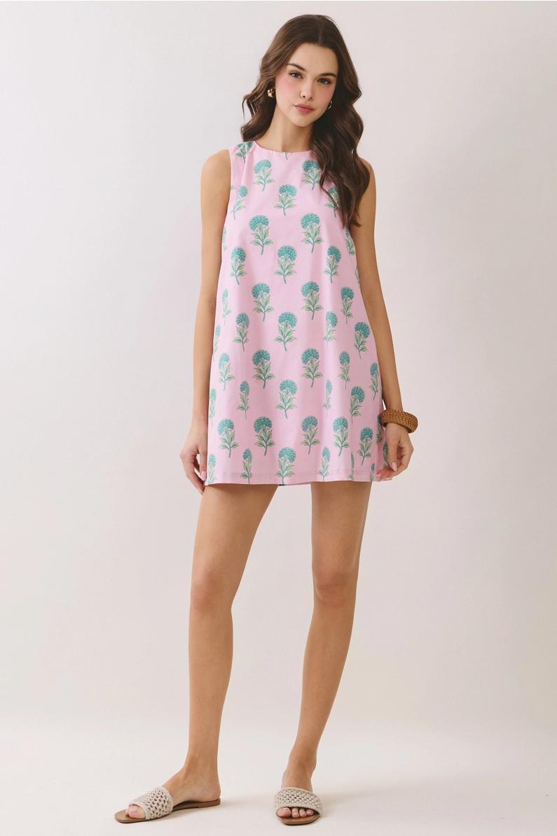 Baby Pink Floral Printed Mini Dress with Bow