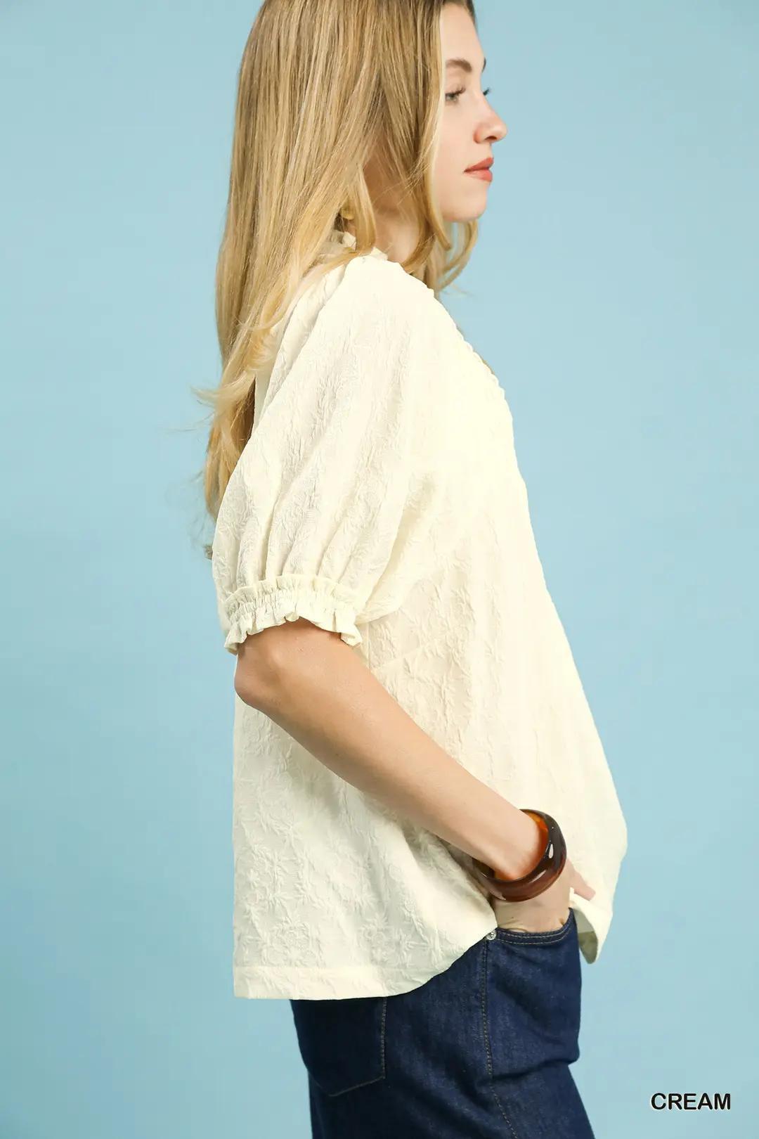Cream Textured and Smocked Peasant Top
