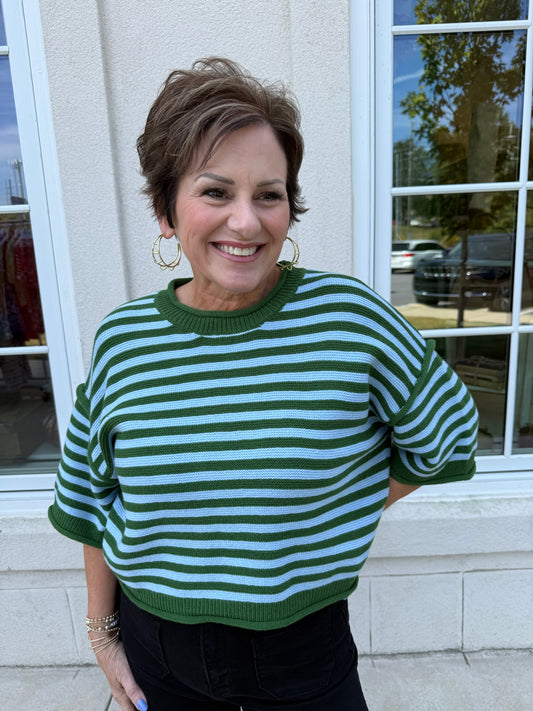 Green and Light Blue Exposed Seam Sweater
