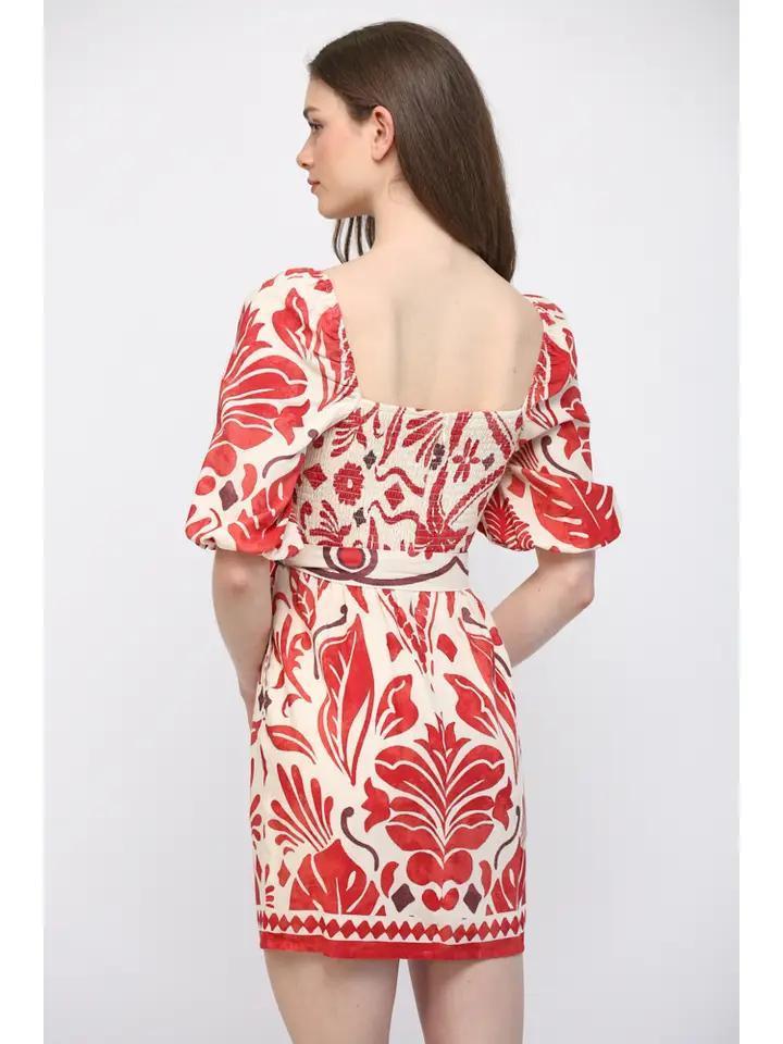 Ivory and Red Tropical and Geo Print Dress