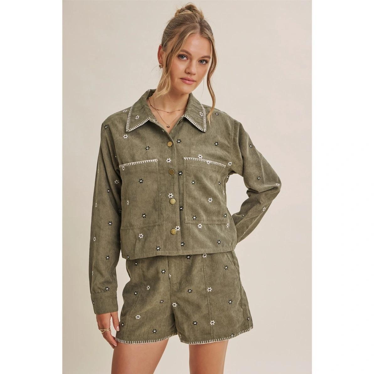 Olive Artisan Daisy Corduroy Shorts