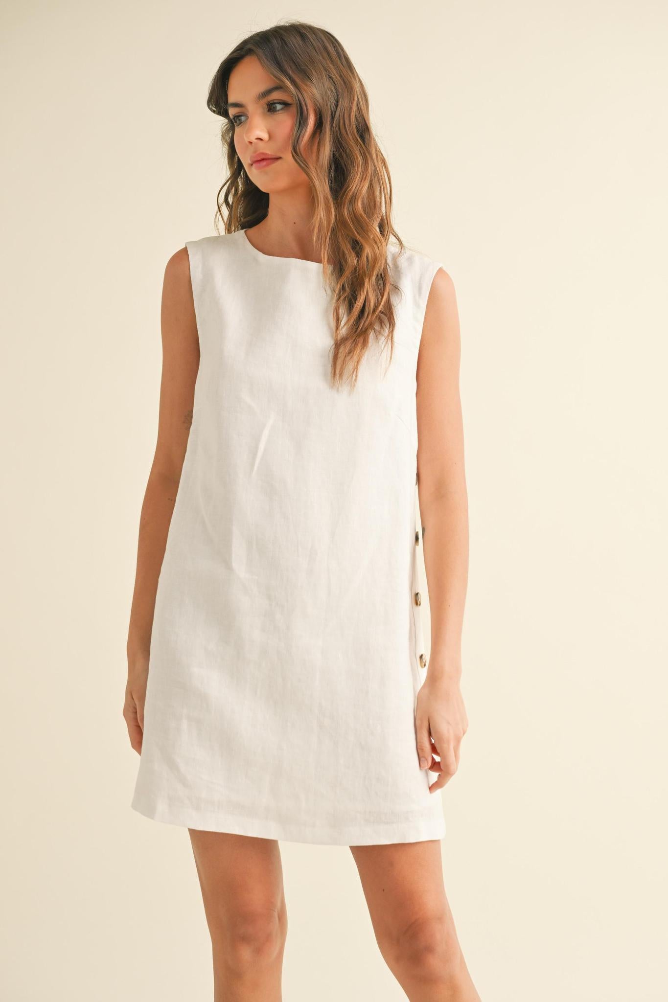 White Button Detail Linen Dress