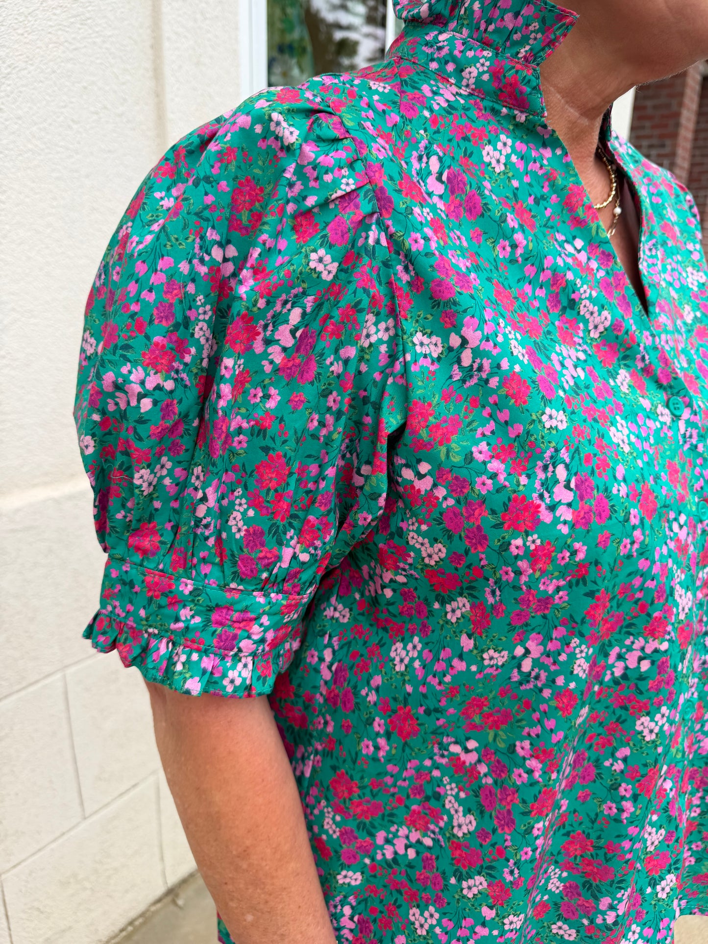 Green Floral  with Ruffled Neck Top