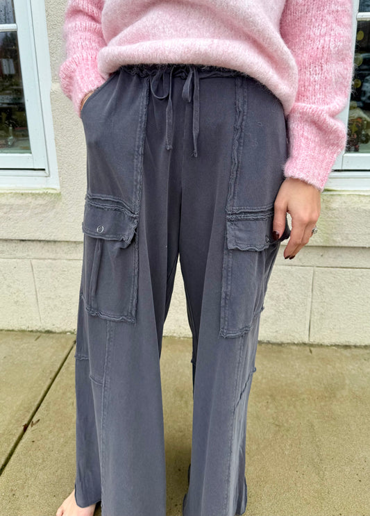 Black Mineral Washed Terry Knit Pant