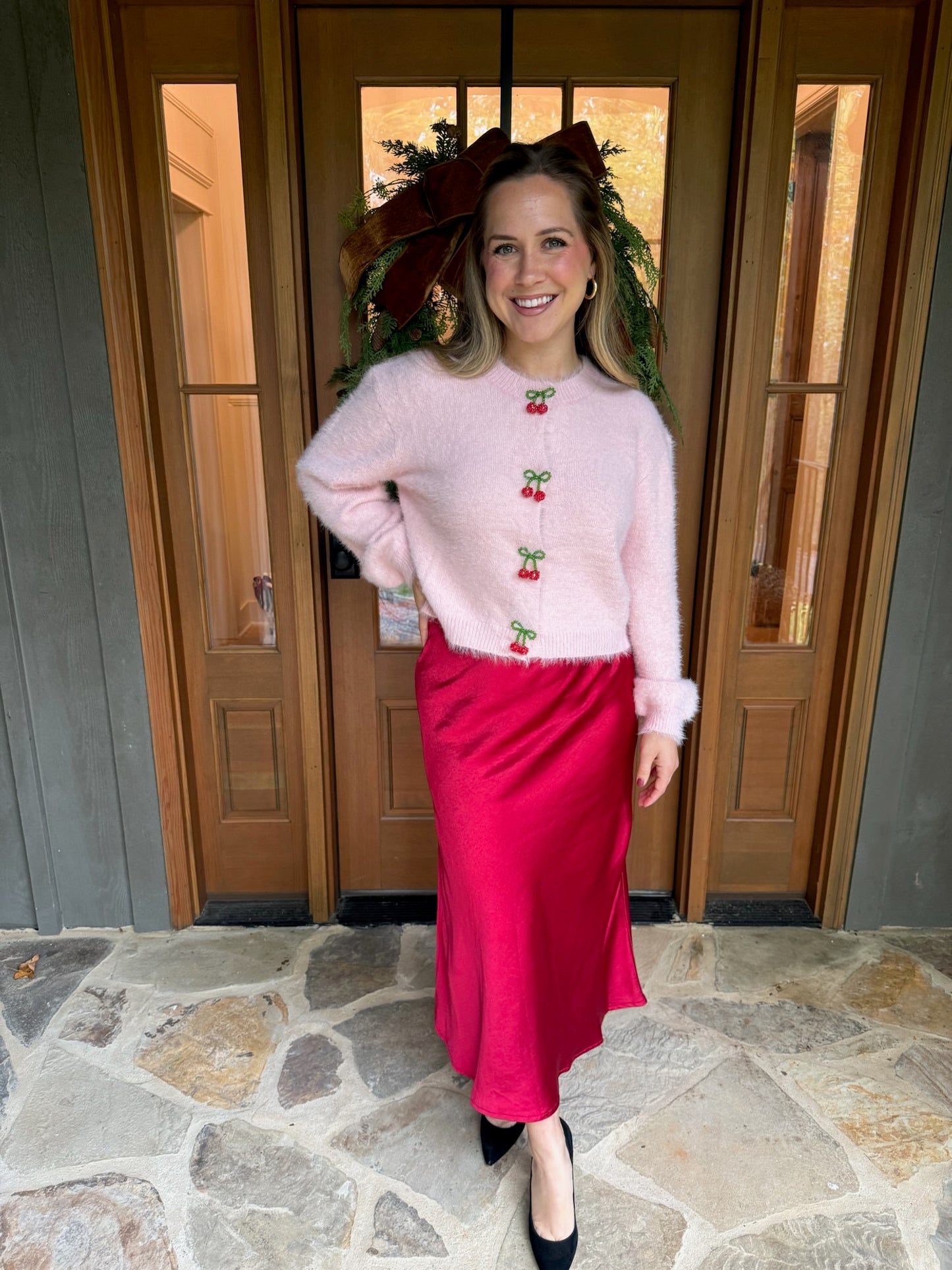 Deep Red Satin Midi Skirt