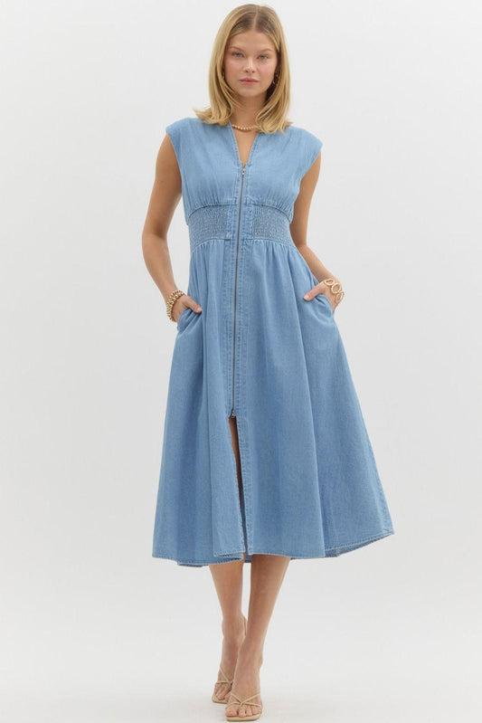 Light Blue Denim Zipper Dress