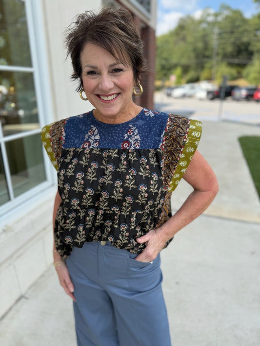 Black with Navy Floral Print Top
