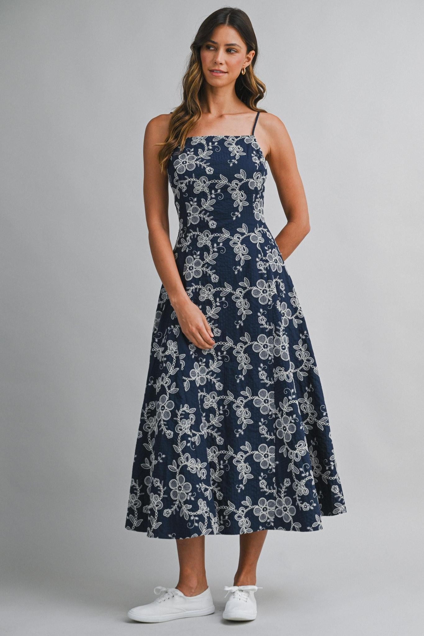 Navy with White Embroidery Dress