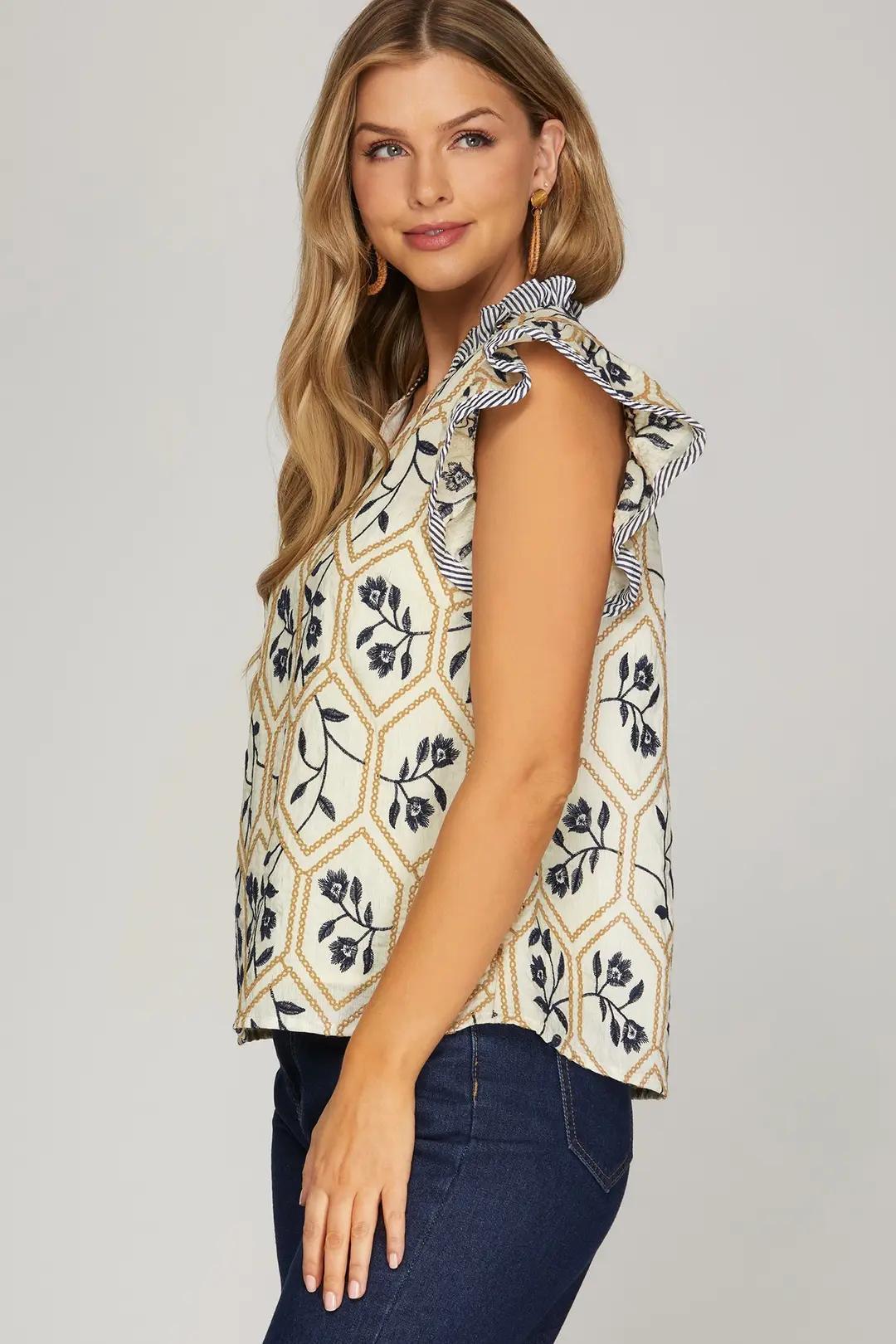 Navy and Muted Gold Embroidered Top