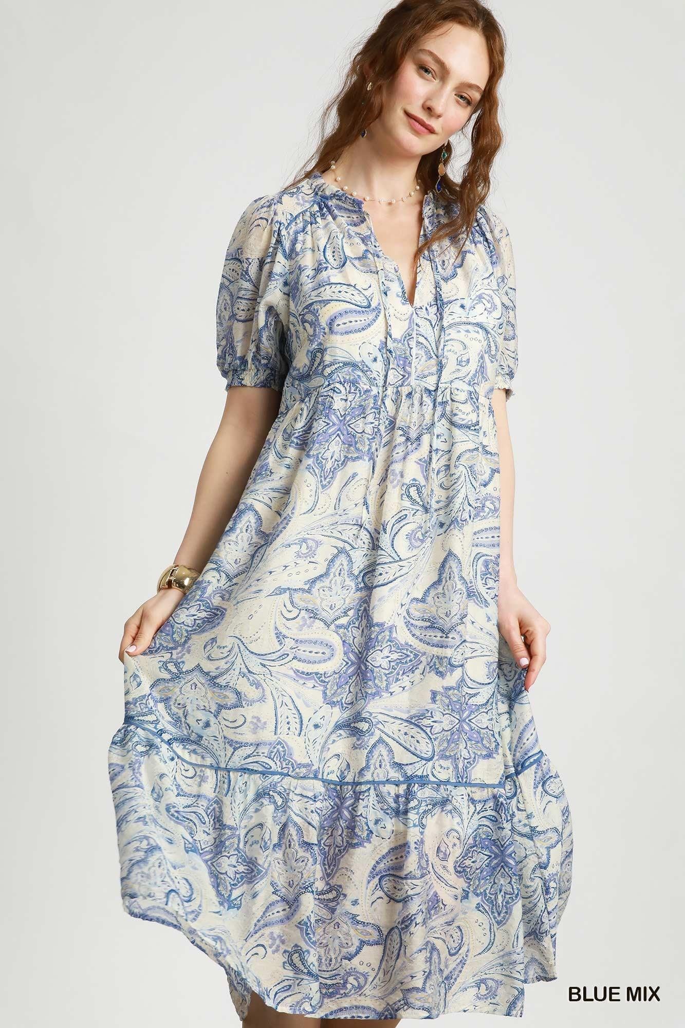 Blue Mix Floral Tiered Midi