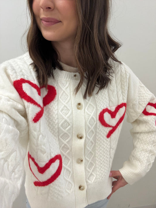 Off White and Red Valentine Heart Cardigan