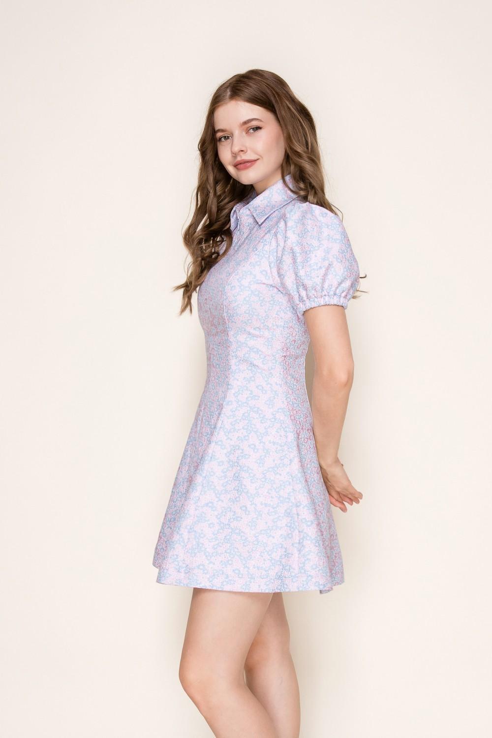 Pink and Blue Jacquard Mini Flare Dress