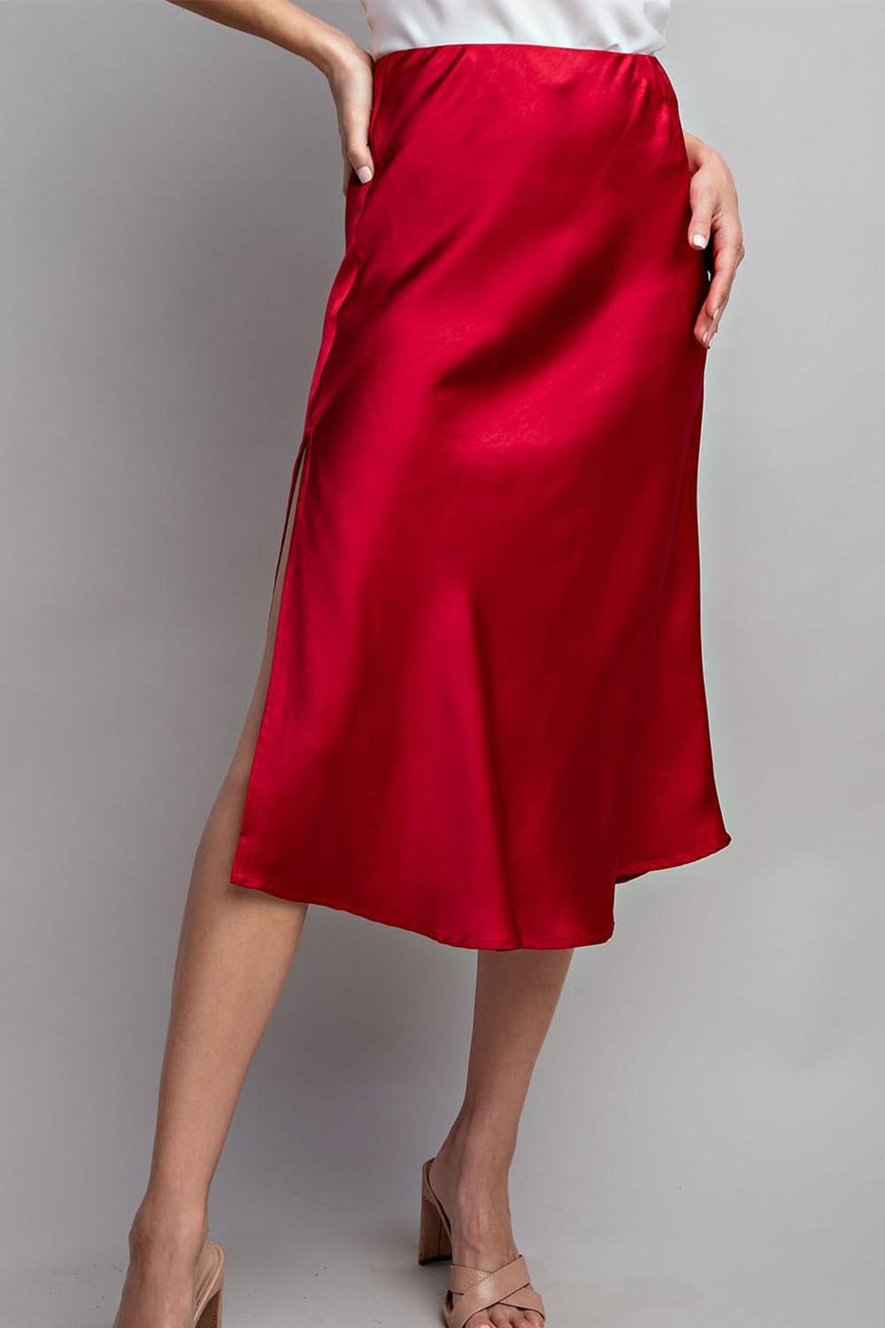 Deep Red Satin Midi Skirt