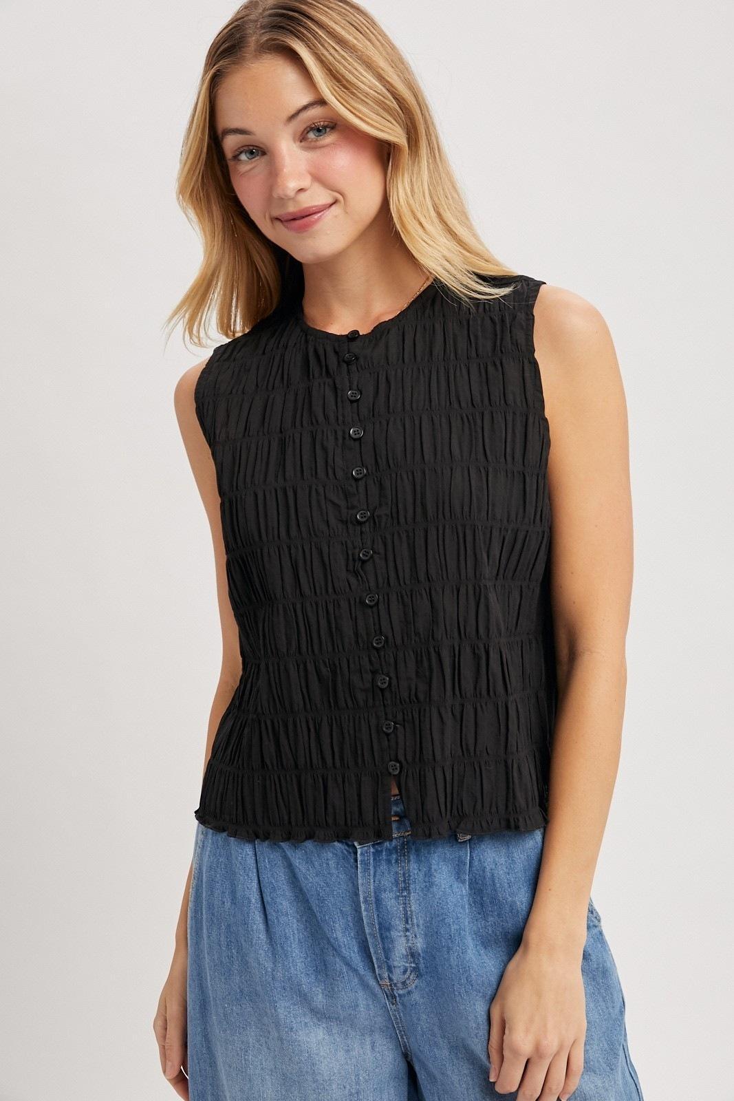 Black Textured Button-up Tank
