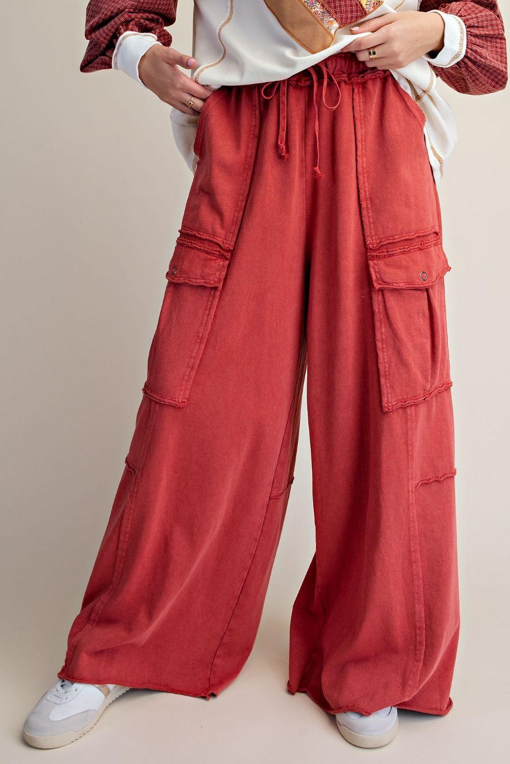 Boho Red Washed Terry Cargo Pants