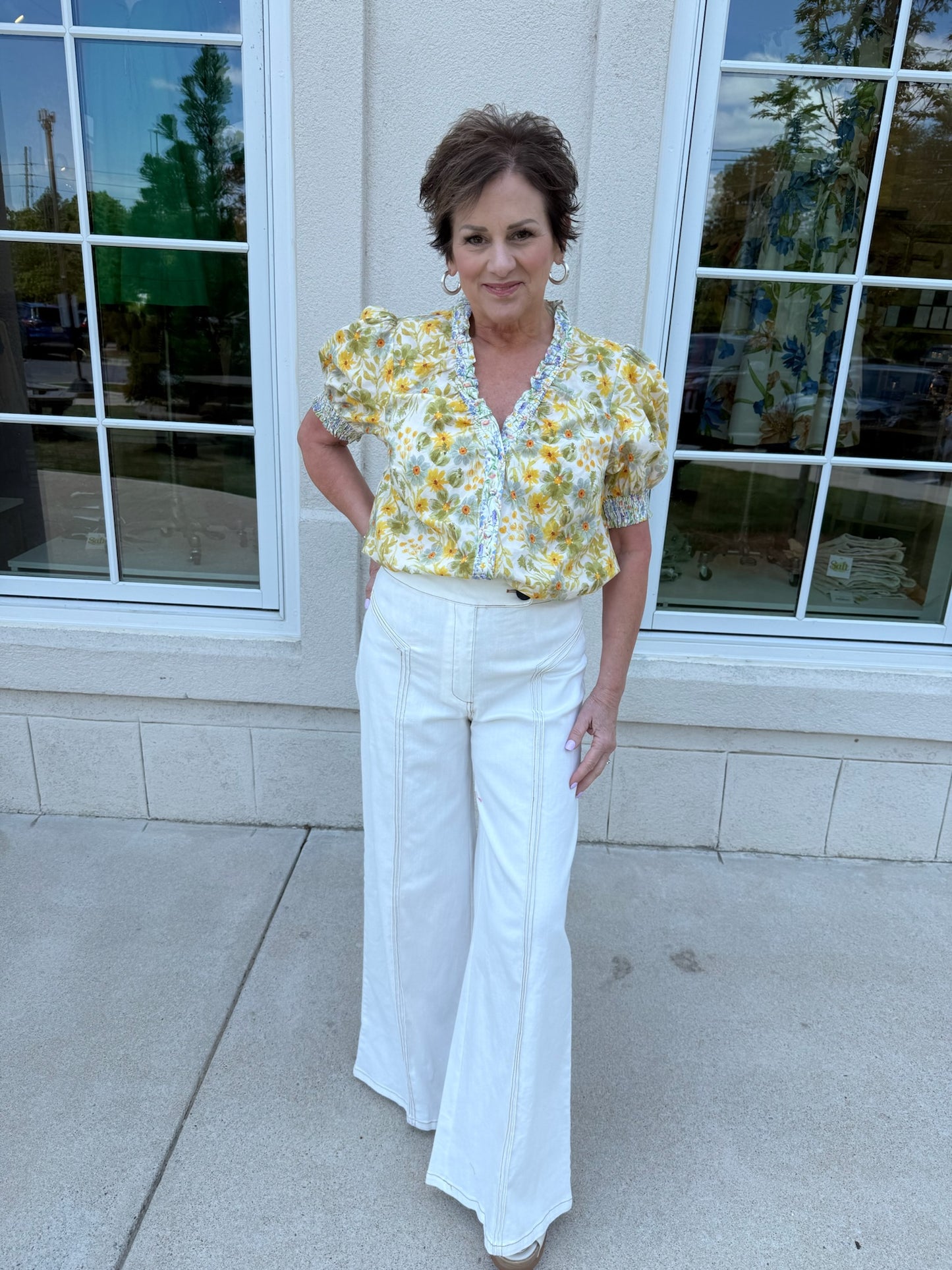 Cream Topstitched Flare Jean