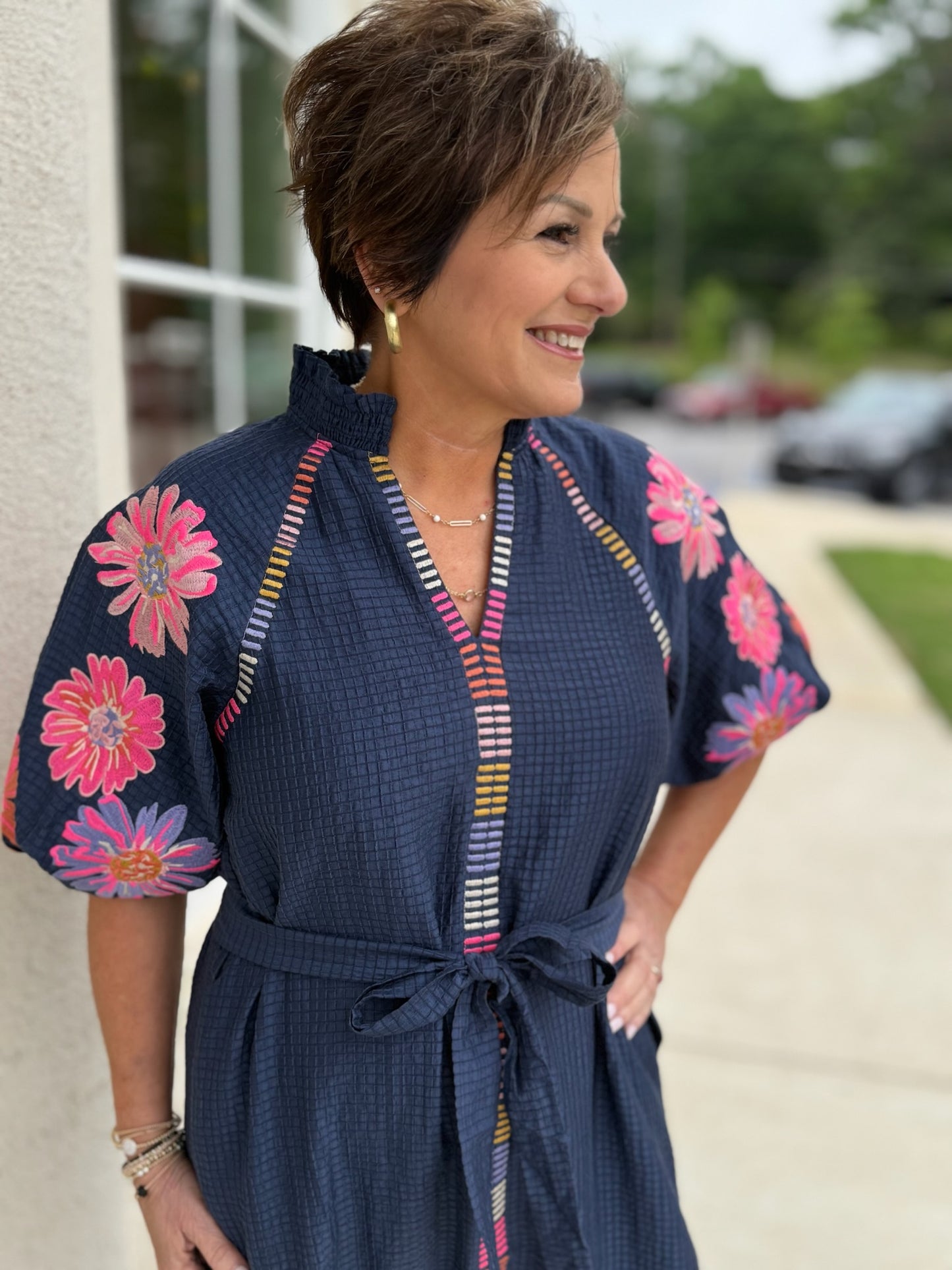 Navy Embroidered Puff Sleeve Textured Midi