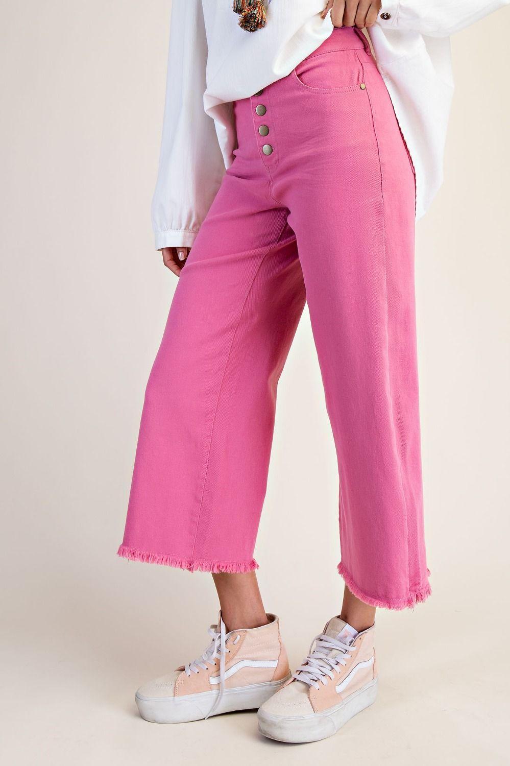 Retro Rose Button Front Stretch Twill Pants