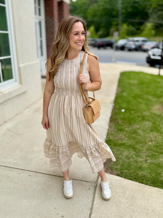 Taupe Sleeveless Smocked Stripe Midi