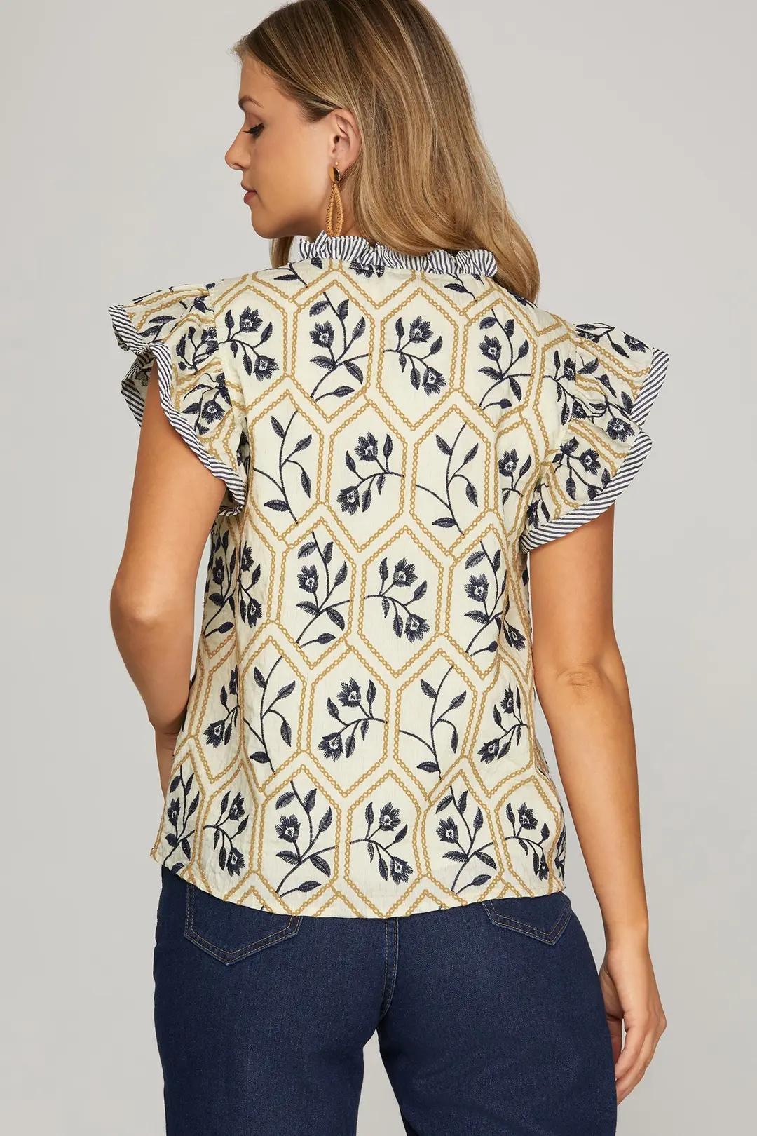 Navy and Muted Gold Embroidered Top