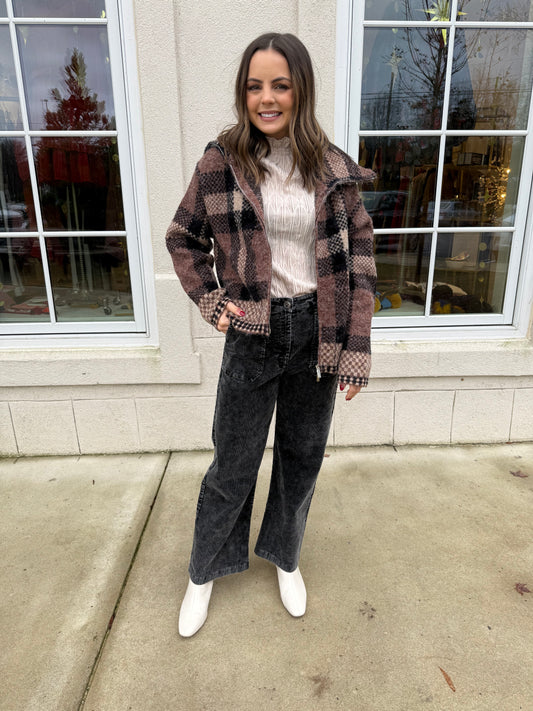 Plaid Bomber Knit Jacket