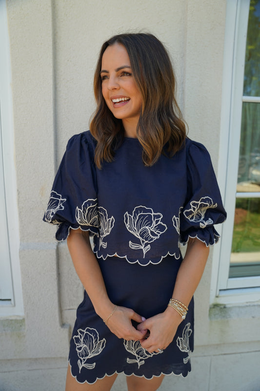 Navy Embroidered Mini Skirt Set