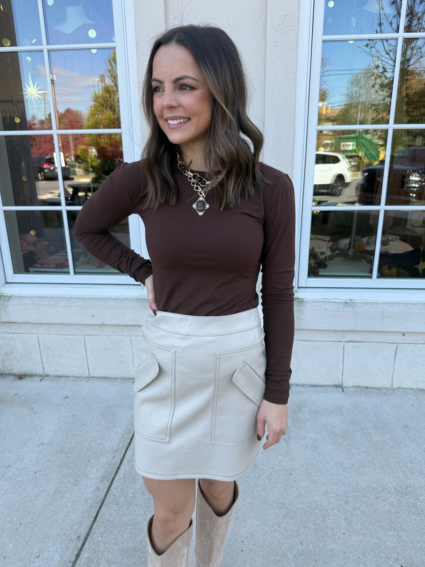 Ecru Faux Leather Mini Skirt